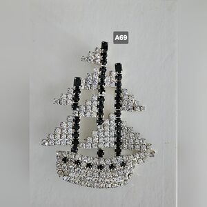 Black and Silver Rhinestone Ship Brooch